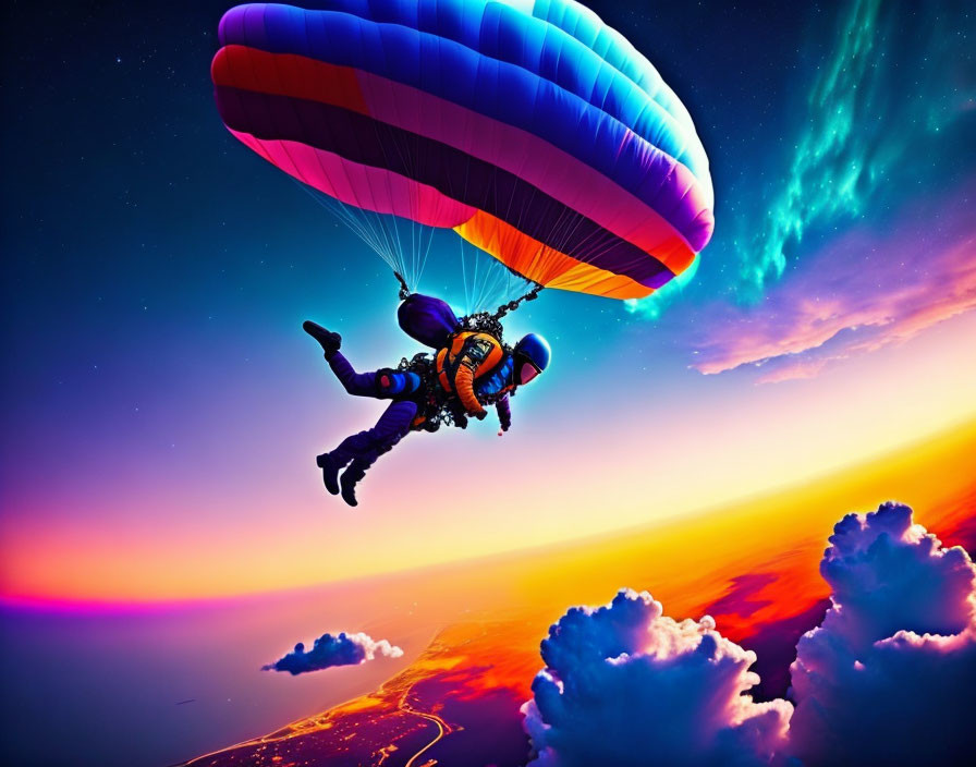 Tandem skydiving pair under colorful parachute at sunset