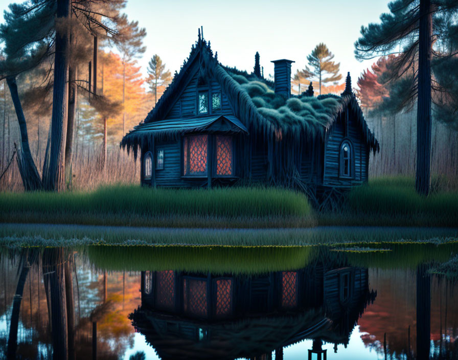 Thatched roof cottage by reflective pond in twilight-lit woods