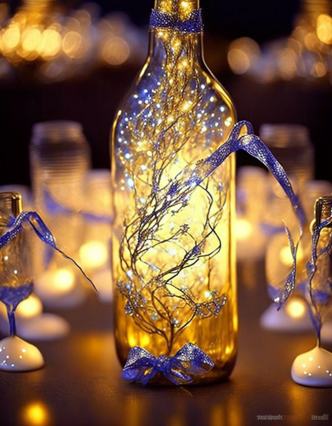 Decorative glass bottles with glowing string lights and blue ribbons on dark background