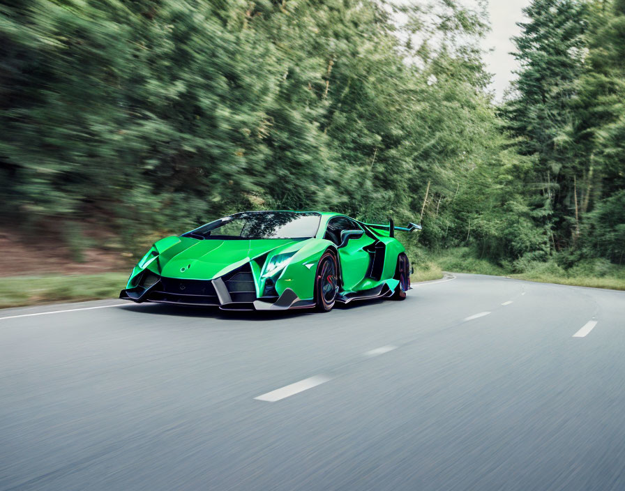 Green Lamborghini Aventador with black accents racing on forest road