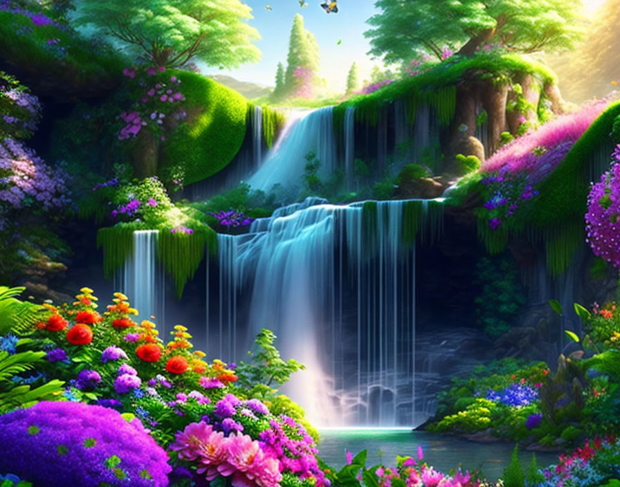 Colorful digital artwork of lush waterfall in serene forest