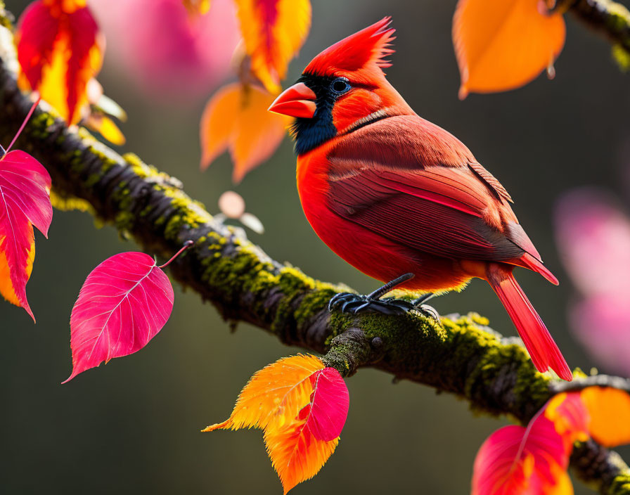 Vibrant autumn scene: red cardinal on branch with leaves