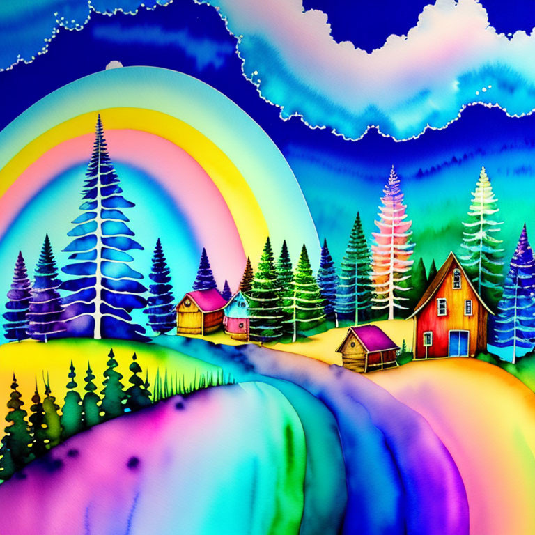 Colorful watercolor landscape with hills, pine trees, rainbow skies, and cottages