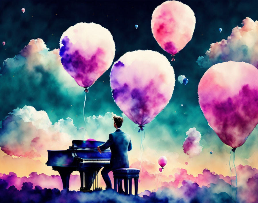 Surreal artwork: person playing grand piano with heart-shaped balloons in vibrant sky