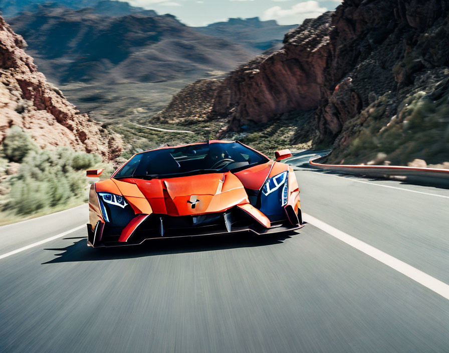 Vibrant Orange Sports Car with Blue Accents on Mountain Road