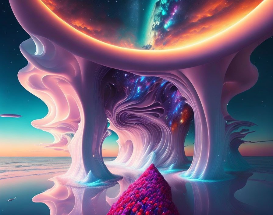 Surrealist landscape with fluid tree-like structures under cosmic sky