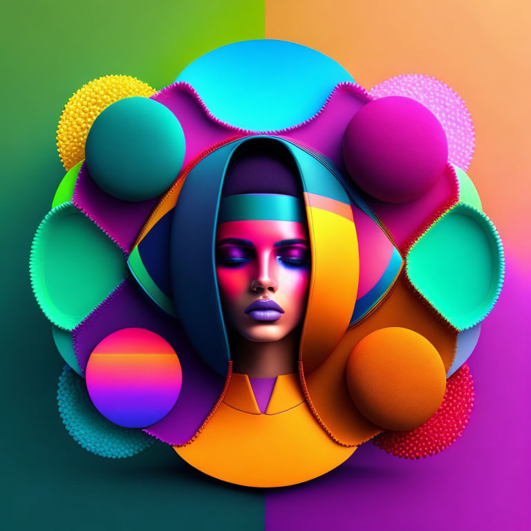 Colorful digital artwork: Stylized woman's face with interlocking spheres on vibrant background