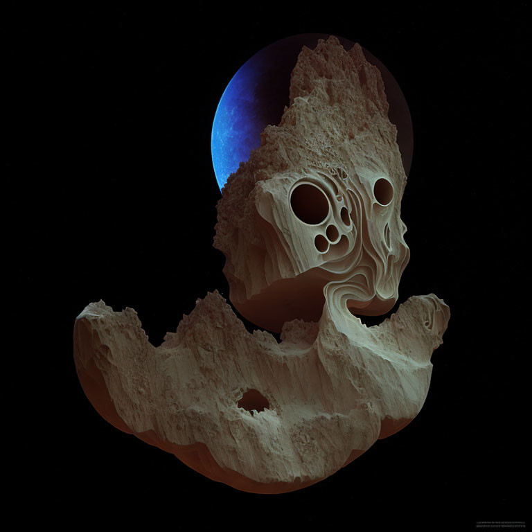 Surreal skull-like rock formation with holes against dark backdrop and crescent Earth.