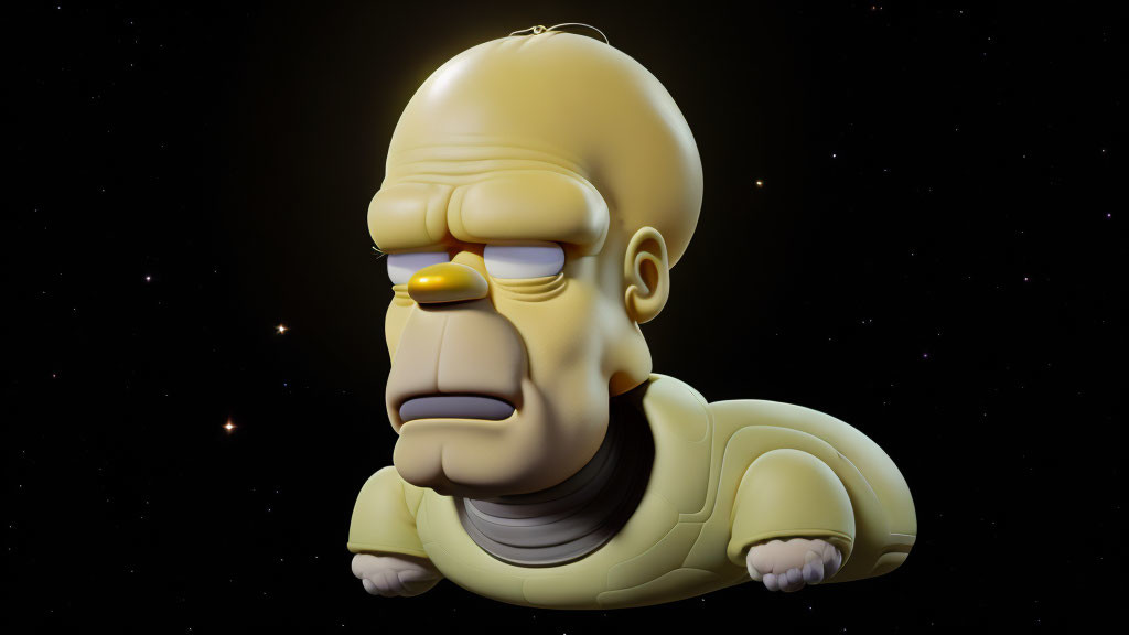 Bald Yellow Cartoon Character in 3D Space Environment