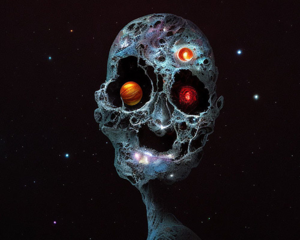 Skull Digital Artwork with Galaxies and Planets in Cosmic Setting