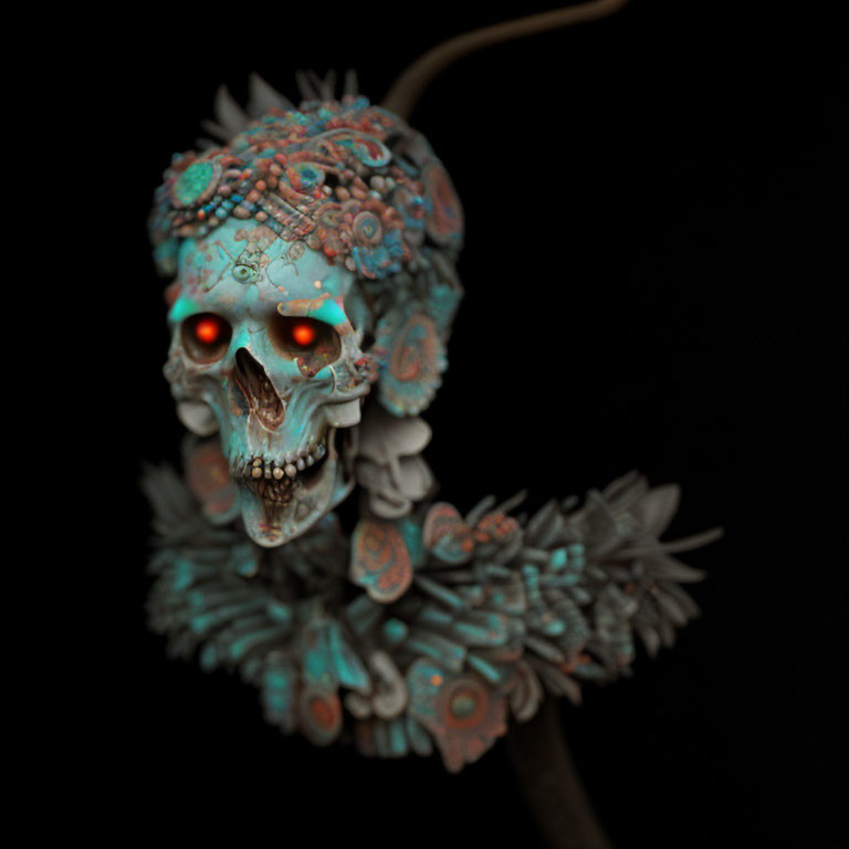 Intricate Turquoise Pattern Skull with Red Glowing Eyes on Dark Background