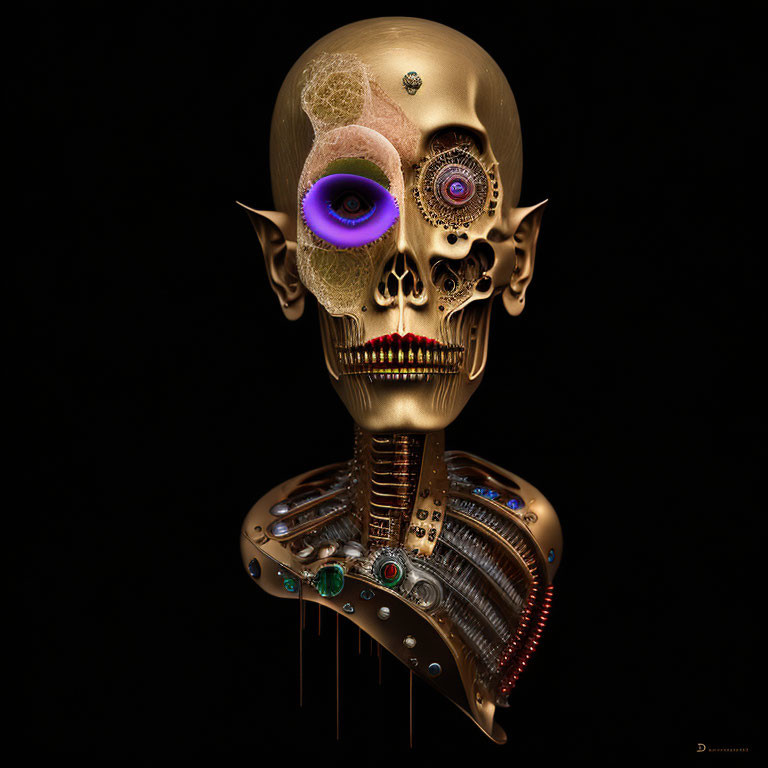 Mechanical skull with gold plating and intricate inner workings on black background