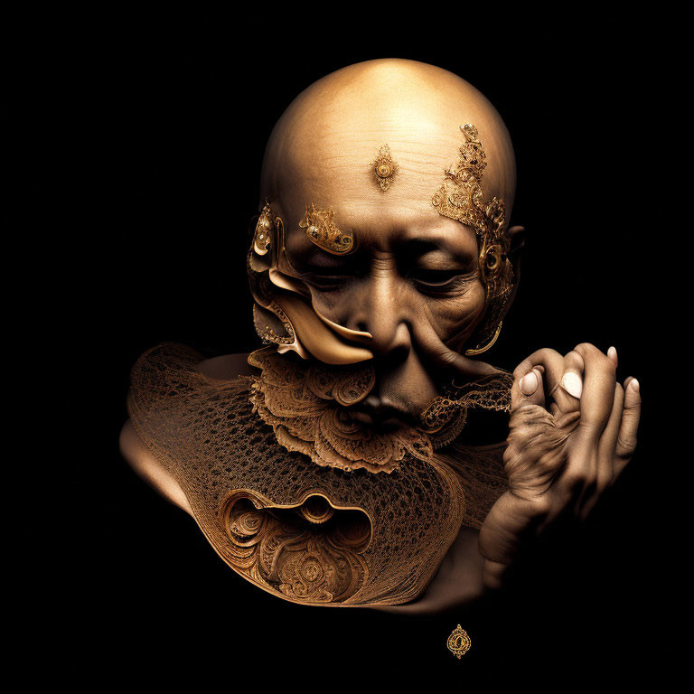 Intricate Golden Humanoid Figure in Contemplative Pose