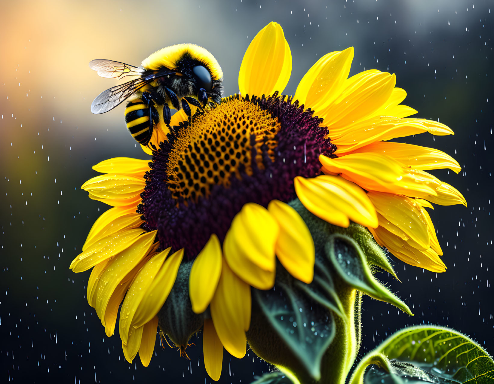 Bee collecting pollen on vibrant sunflower with raindrops in background