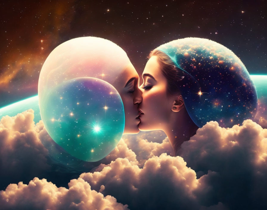 Starry cosmic entities kissing in space landscape