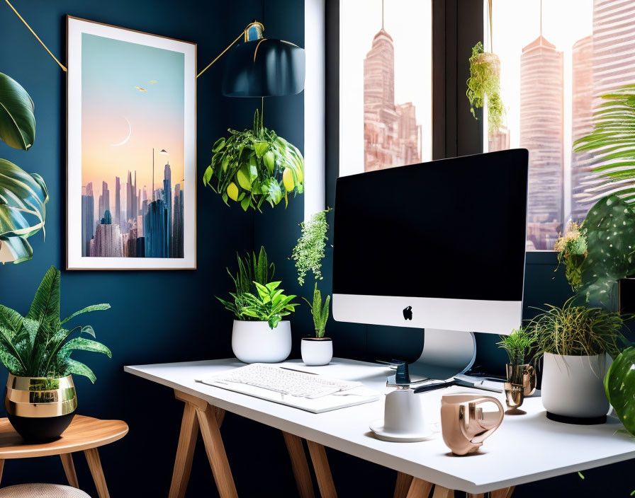Contemporary workspace with desktop, plants, cityscape poster, and skyscraper view