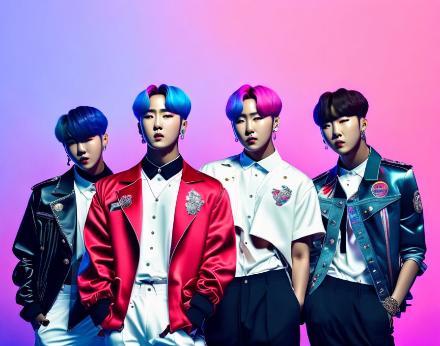 Four stylish individuals with brightly dyed hair in trendy outfits on pink and blue gradient.