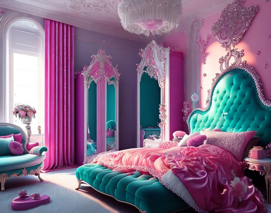 Luxurious Bedroom with Teal Bed, Pink Walls, Chandelier, Ornate Decor, Pink Curt