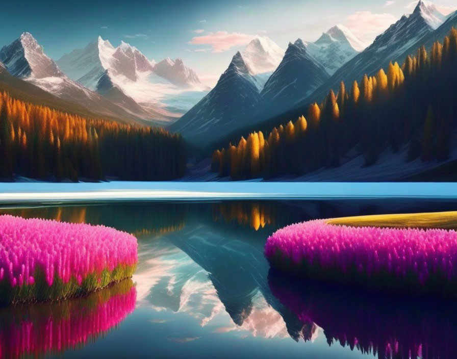 Scenic landscape with pink flowers, blue lake, snowy peaks, and autumn trees