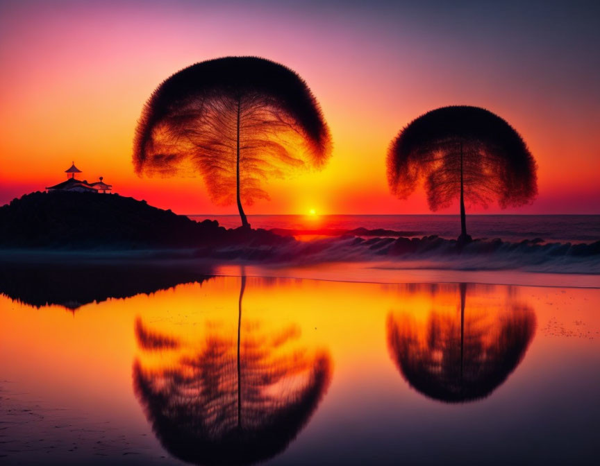 Tranquil sunset with unique trees, reflective water, gentle wave, silhouette of pagoda, vibrant