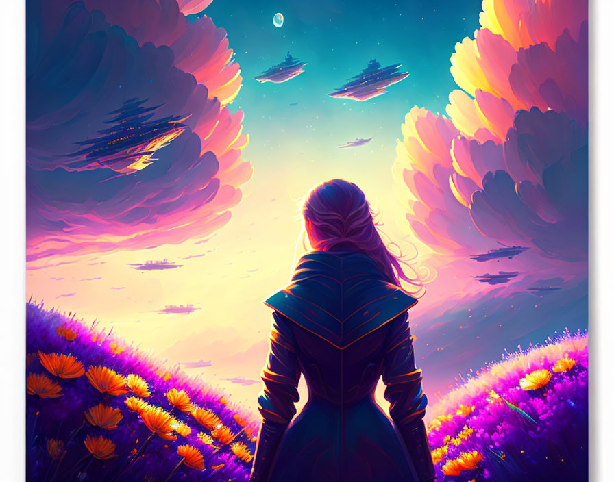 Person admires surreal sky with vibrant clouds, colorful flora, and flying ships.