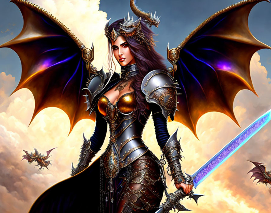 Fantasy warrior woman with wings, armor, and glowing sword in sky scene.