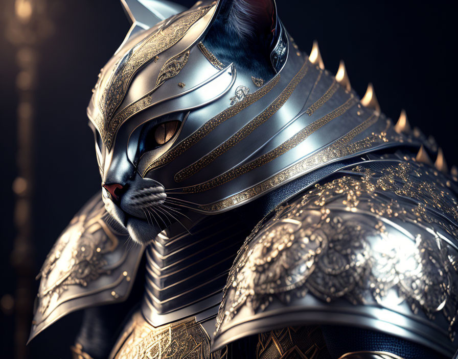 Detailed digital artwork: Cat in medieval armor with gold accents