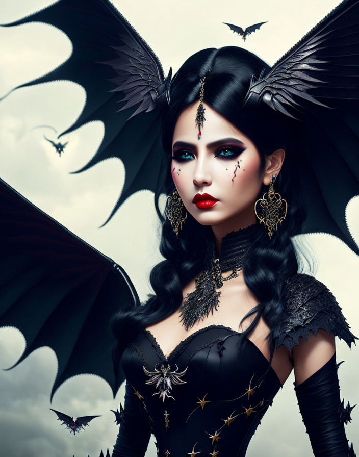 Gothic woman with bat-themed makeup and attire in dark setting