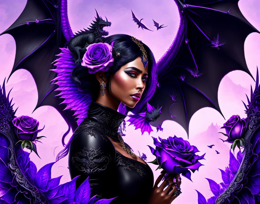 Fantasy illustration: Woman with dark hair, roses, dragon, bats, purple hues