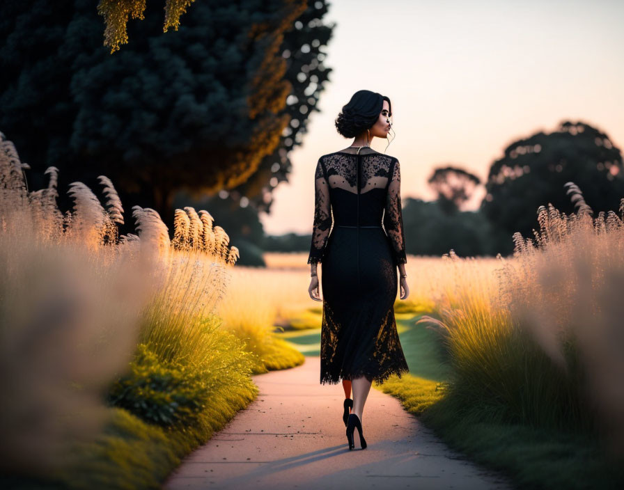 Elegant woman in black dress walking in golden-lit garden path