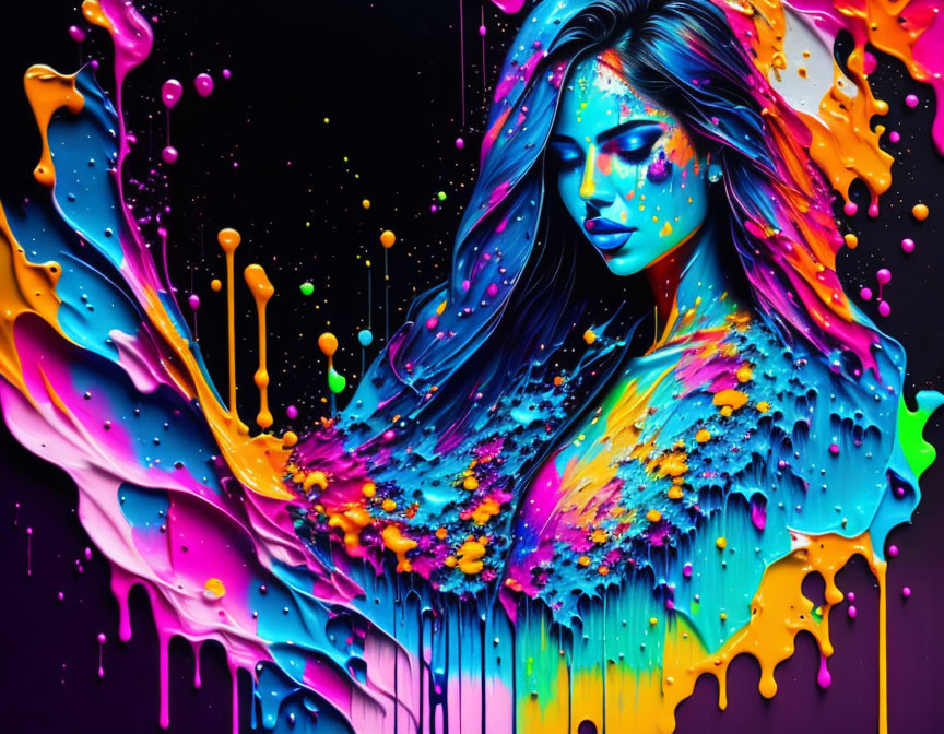 Colorful profile portrait with paint splatters on dark background