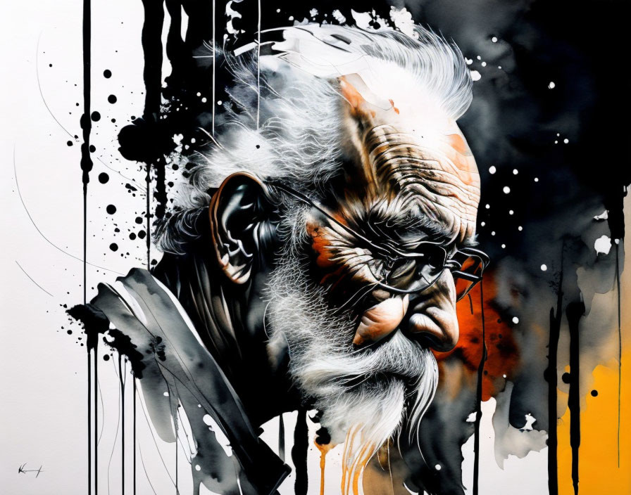 Vibrant portrait of elderly man with white beard and glasses against black and orange splashes