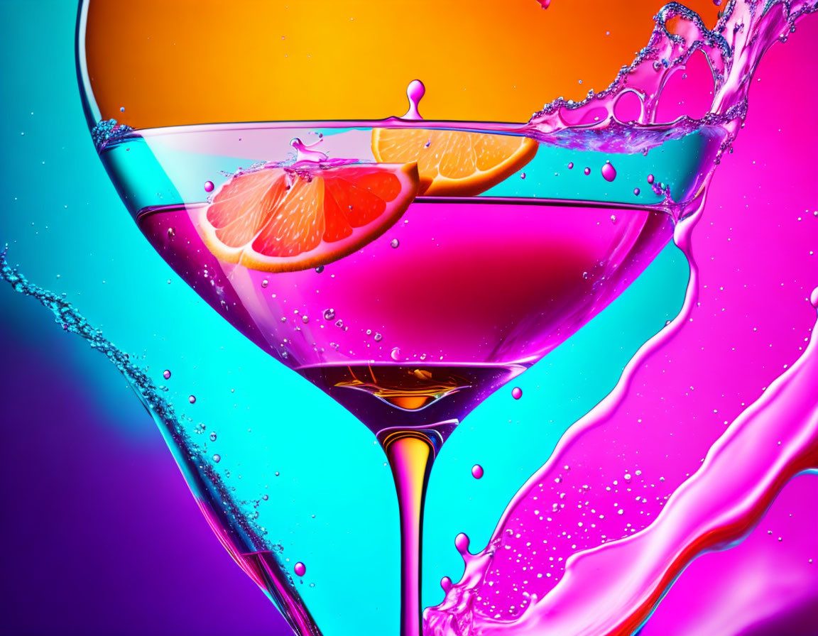 Vibrant martini glasses with colorful liquids and citrus slice on multicolored backdrop