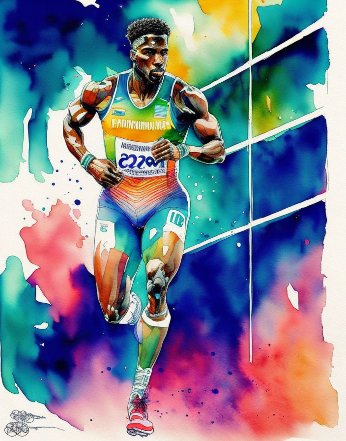 Male athlete in racing outfit mid-stride in vibrant watercolor