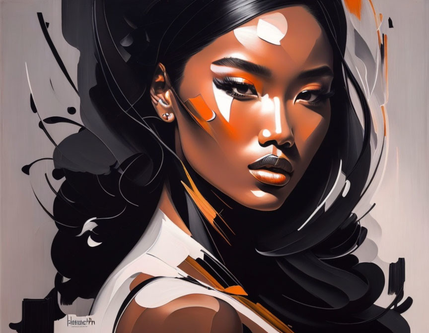 Stylized portrait of a woman with dark hair and white & orange accents