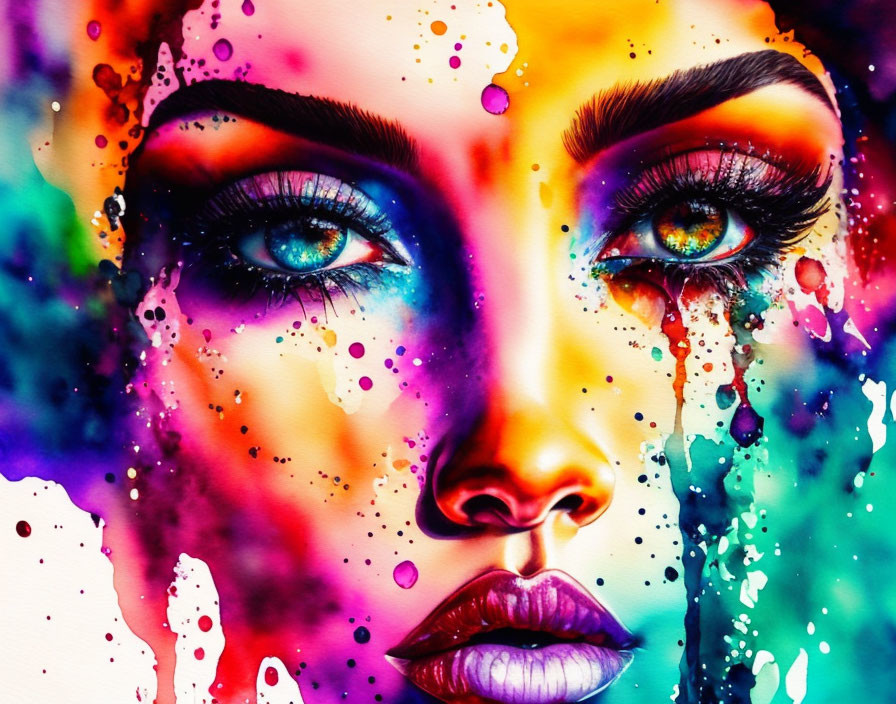 Colorful Abstract Portrait of Woman's Face with Expressive Eyes