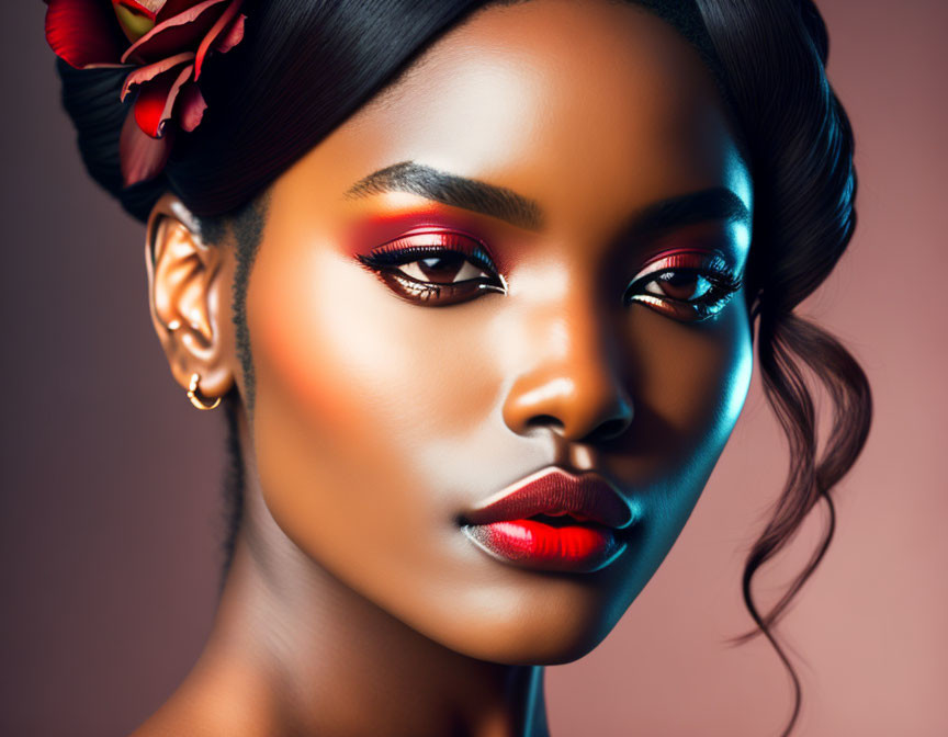 Portrait of woman with red eyeshadow and bold lipstick on gradient background