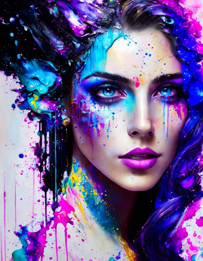 Colorful Artwork Featuring Woman with Blue Eyes and Vibrant Splashes