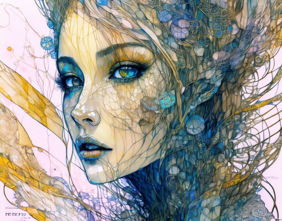 Detailed illustration of a woman with blue eyes and intricate gold patterns