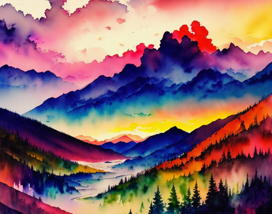 Colorful watercolor painting of sunset over mountain landscape with trees and river.