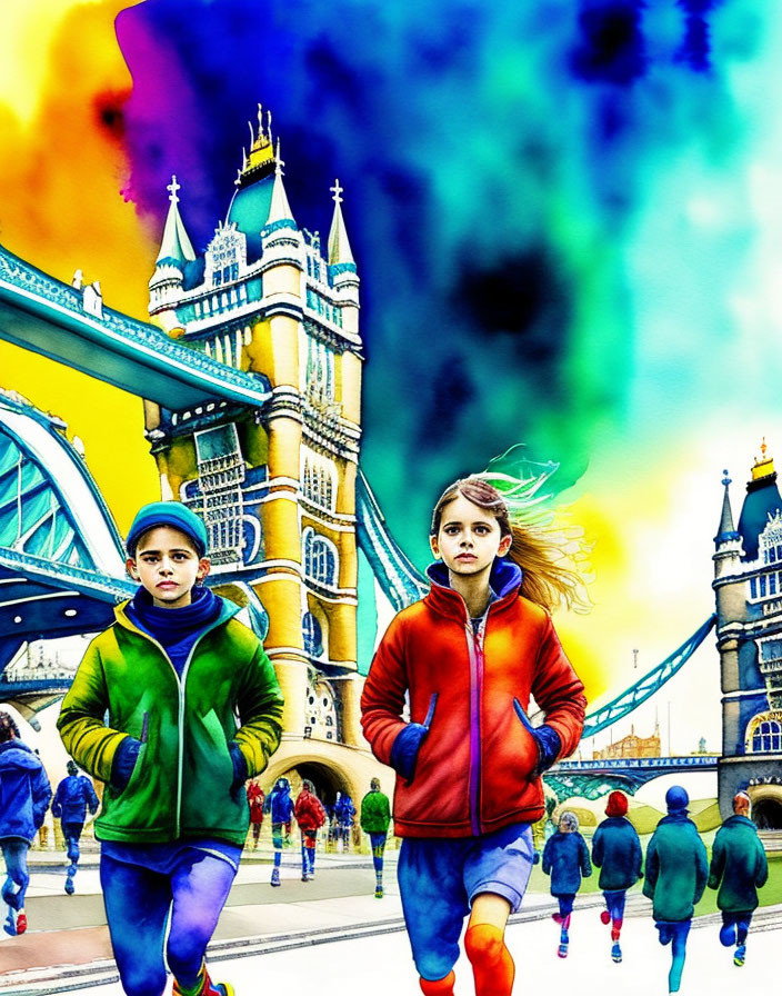 Vibrant Tower Bridge scene with joggers and pedestrians under colorful sky