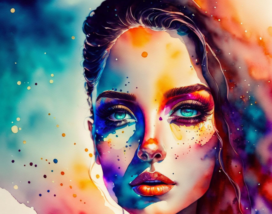 Colorful Watercolor Illustration of Woman with Detailed Facial Features