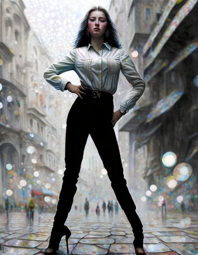 Stylized female figure with blue hair in rainy cityscape.