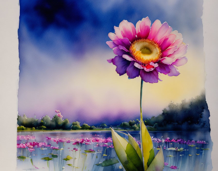 Colorful watercolor painting of pink flower above serene lake scene