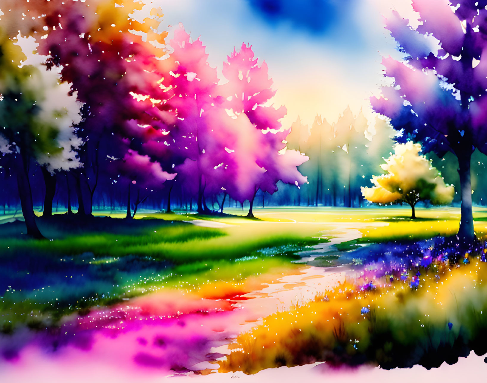 Colorful watercolor painting: Vibrant forest scene in purple, pink, and yellow hues