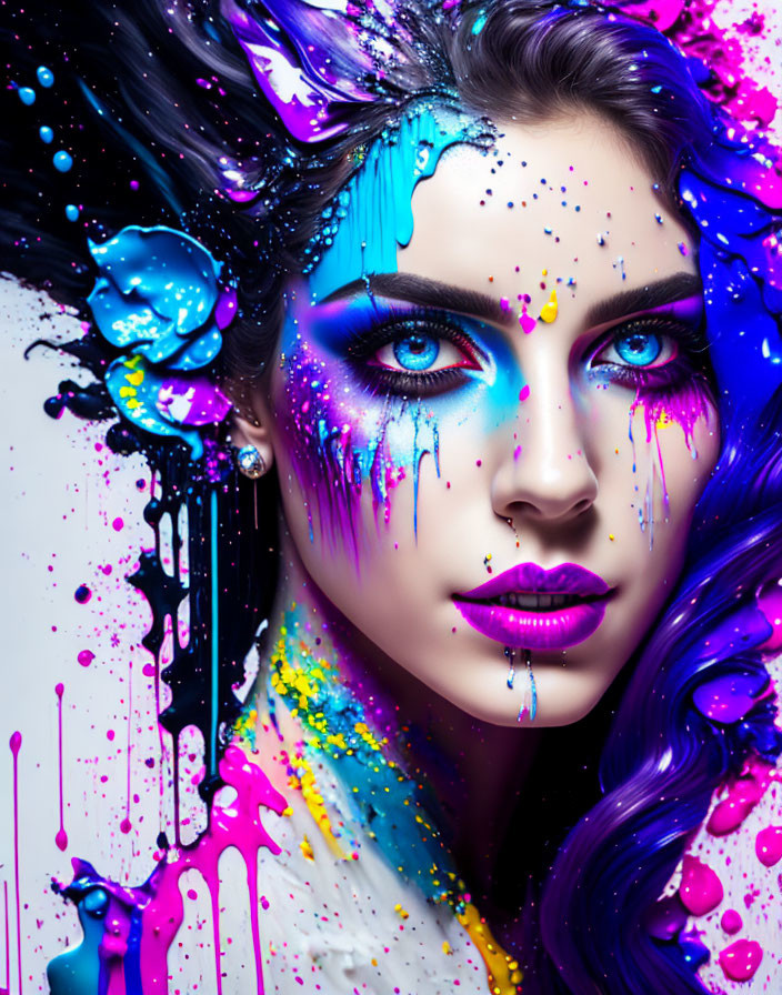 Colorful Woman with Vivid Makeup and Paint Drips in Blue, Pink, and Yellow