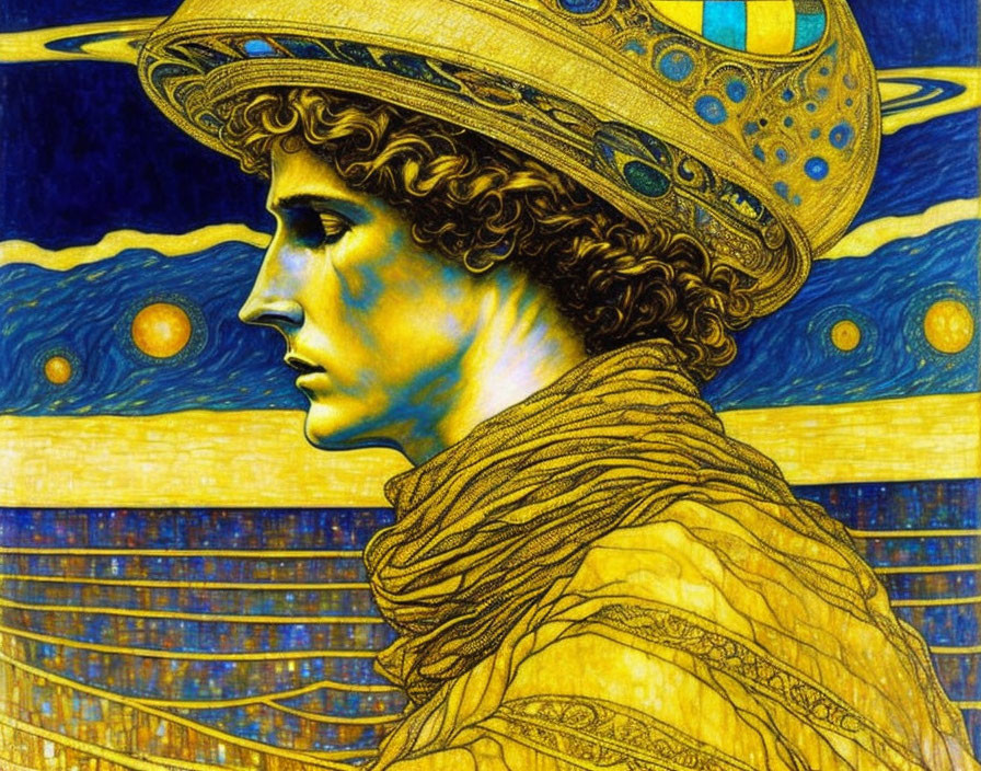 Profile Portrait with Curly Hair and Gold Headpiece on Blue Starry Background