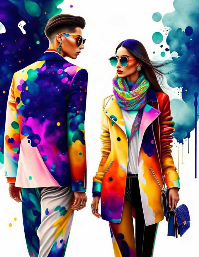 Vibrant splash-painted outfits on stylish individuals against colorful backdrop