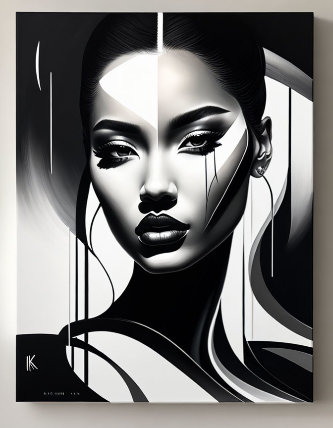 Abstract monochromatic artwork: stylized fragmented woman's face with geometric lines.