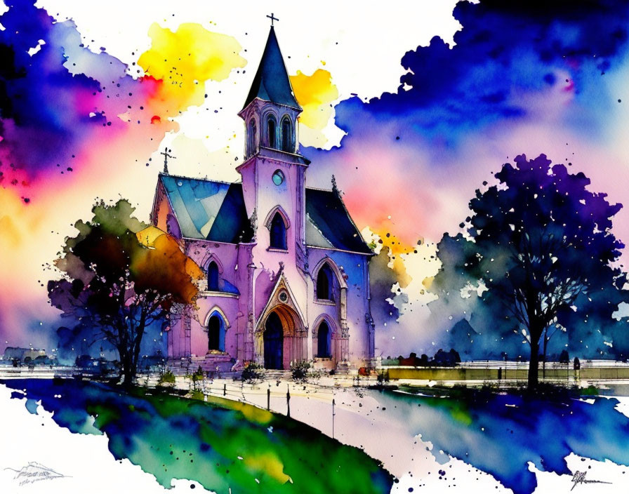 Colorful Watercolor Painting of Church in Purple and Blue Hues